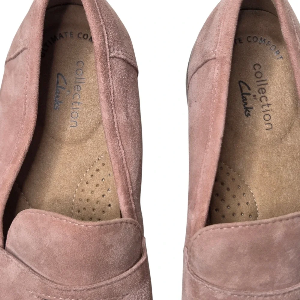 Clarks Womens Mauve Suede Penny Loafer 7.5 Ultimate Comfort Slip On Shoes Preppy
